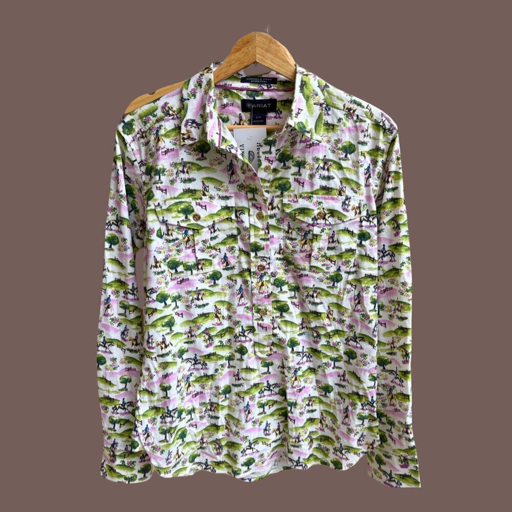 Ariat Pasture Print Shirt | Green Pink Riders | Size S | Vintage